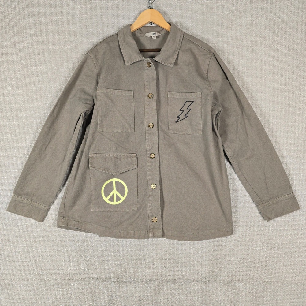 Ascot and Hart Womens XL Olive Green Cotton Utility Shirt Peace Lightning Bolt